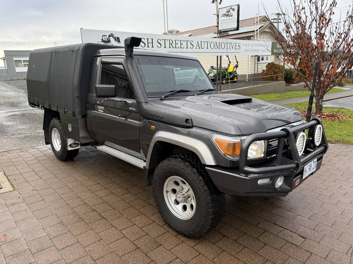 Grey Toyota LandCruiser 79 Series GXL single cab with canopy, bull bar and driving lights, sold by Streets Automotives in Deloraine